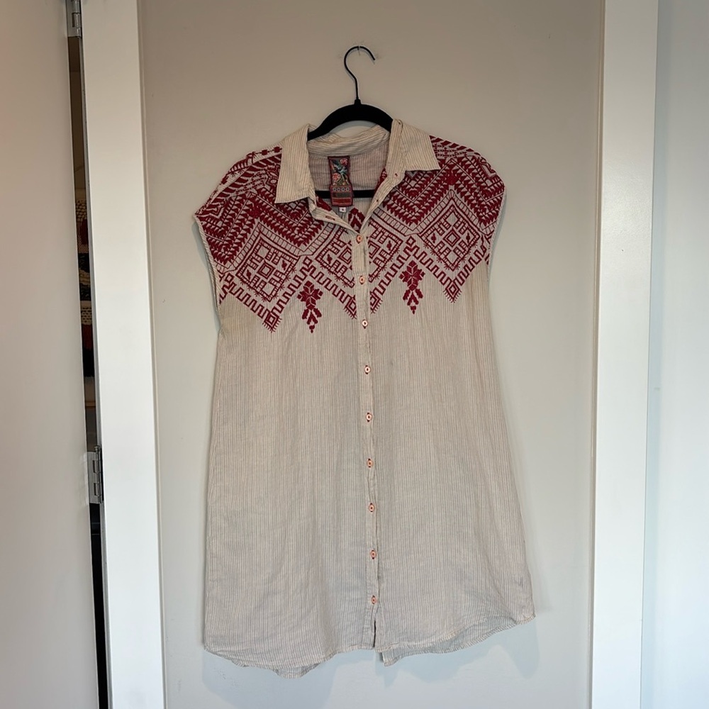 Johnny Was Cream and White Embellished Tunic